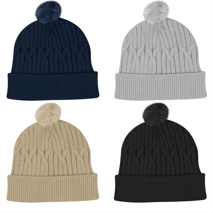 AH15073B Courtney Cable Knit rPET Pom Beanie Blank No Imprint